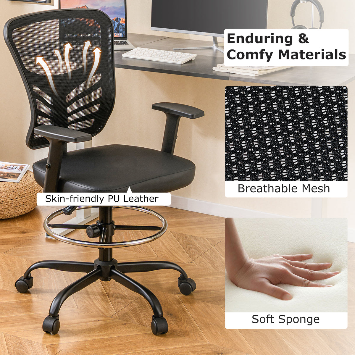 Height-adjustable Drafting Chair Swivel Task Chair Standing Desk Chair