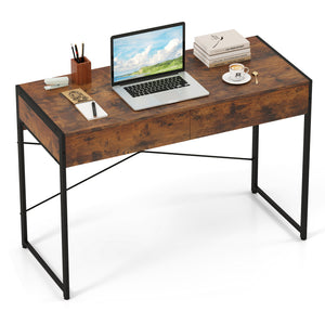 Computer Desk with 2 Drawers, 111cm Study Writing Table w/ Heavy-duty Steel Frame