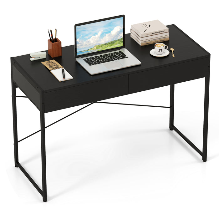 Computer Desk with 2 Drawers, 111cm Study Writing Table w/ Heavy-duty Steel Frame