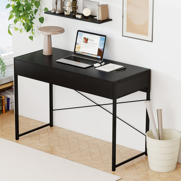 Computer Desk with 2 Drawers, 111cm Study Writing Table w/ Heavy-duty Steel Frame