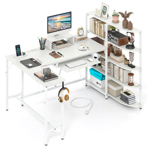 L Shaped Desk with Storage Shelves Corner Computer Desk with Charging Station