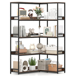 Corner Bookshelf, 5-Tier L-Shaped Bookcase, 180cm Tall Etagere Bookshelf with Metal Frame