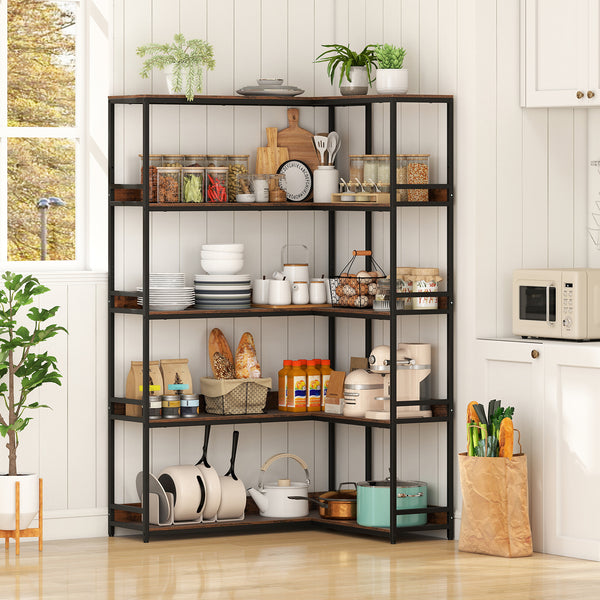 Corner Bookshelf, 5-Tier L-Shaped Bookcase, 180cm Tall Etagere Bookshelf with Metal Frame