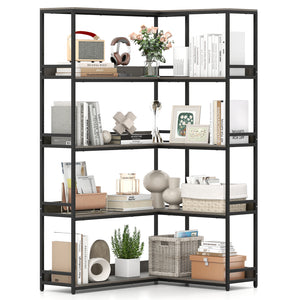 Corner Bookshelf, 5-Tier L-Shaped Bookcase, 180cm Tall Etagere Bookshelf with Metal Frame