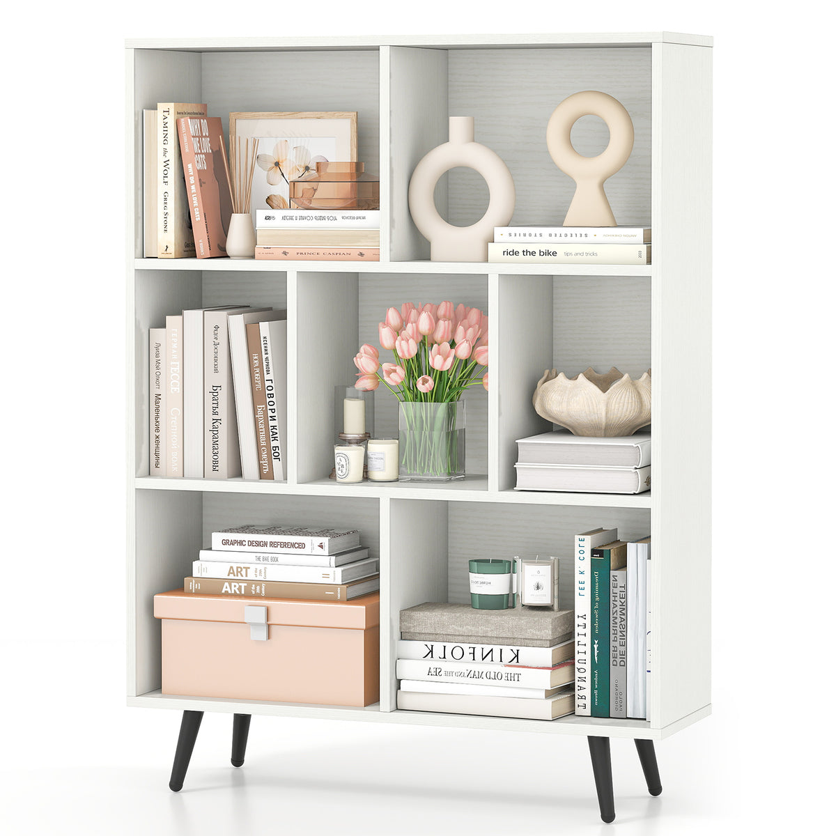 7-Cube Bookcase, Mid Century Modern Storage Organizer with 4 Tapered Metal Legs