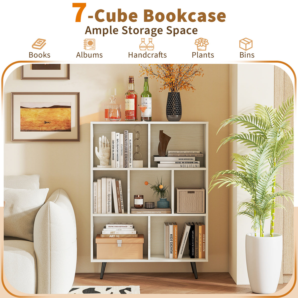 7-Cube Bookcase, Mid Century Modern Storage Organizer with 4 Tapered Metal Legs