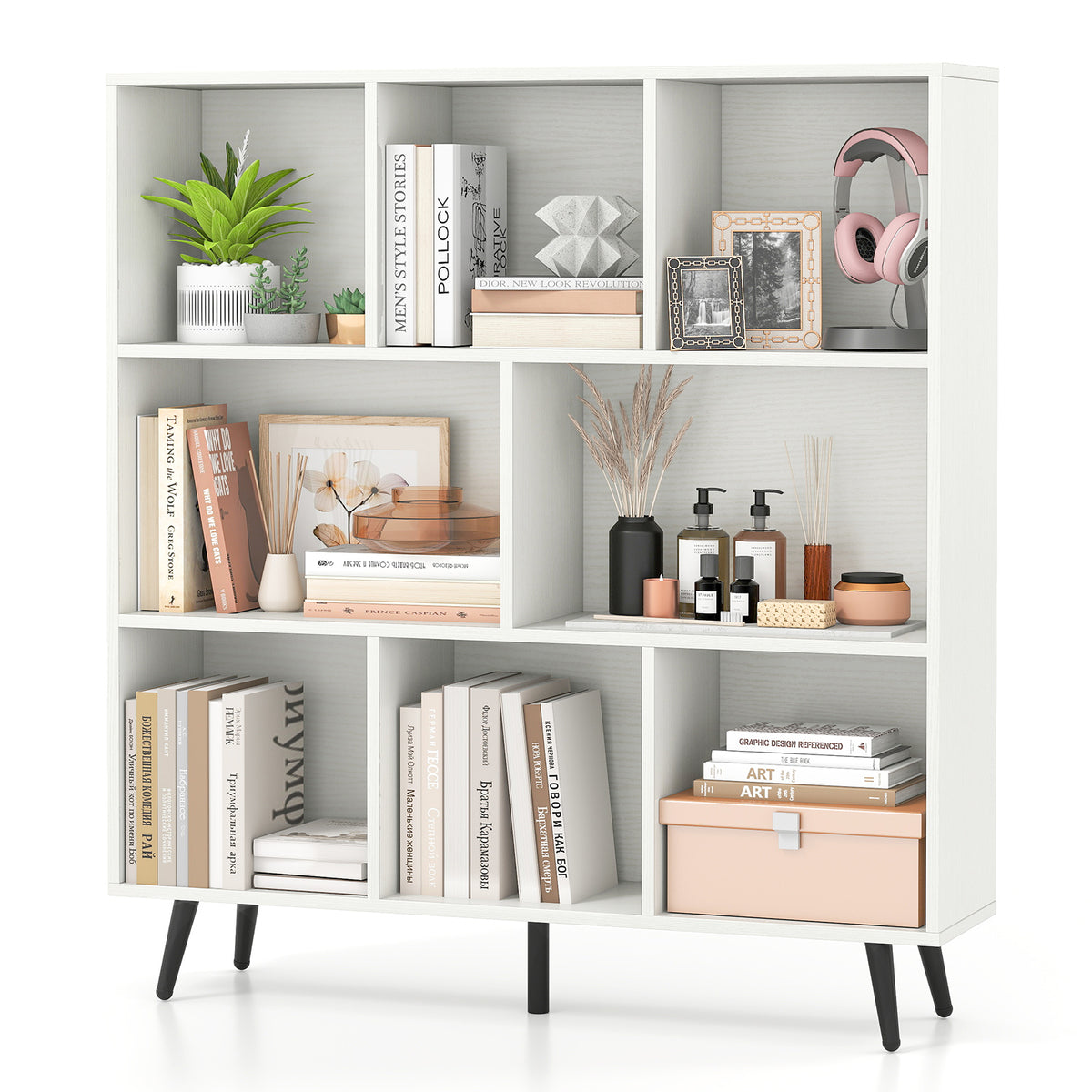 7-Cube Bookcase, Mid Century Modern Storage Organizer with 4 Tapered Metal Legs