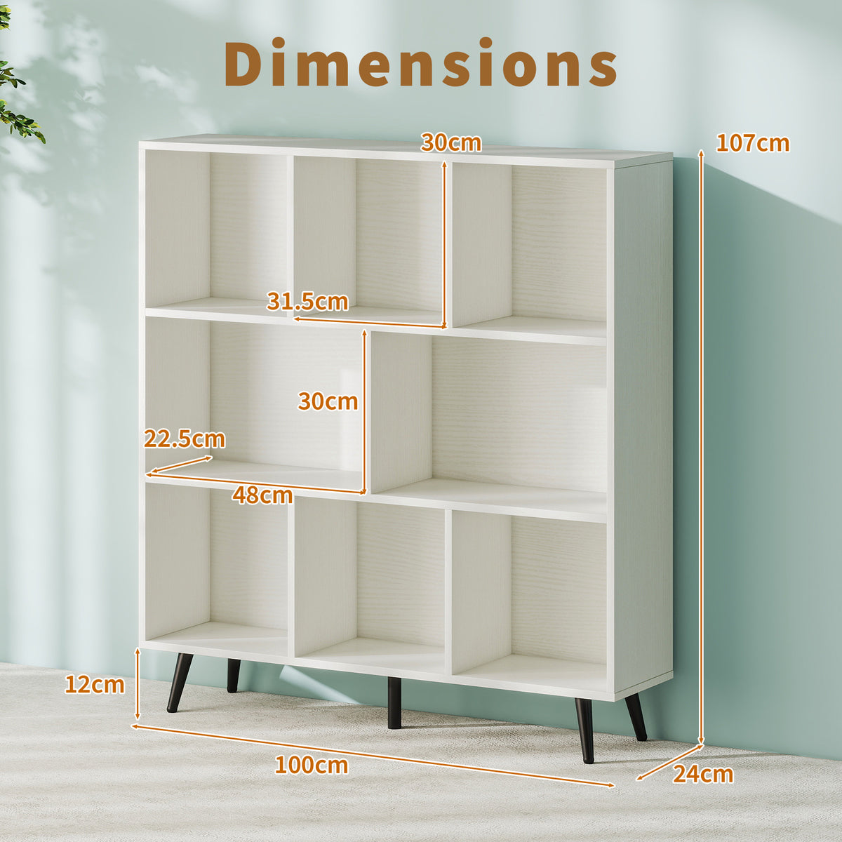 7-Cube Bookcase, Mid Century Modern Storage Organizer with 4 Tapered Metal Legs