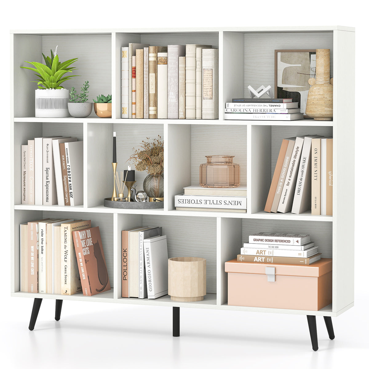 7-Cube Bookcase, Mid Century Modern Storage Organizer with 4 Tapered Metal Legs