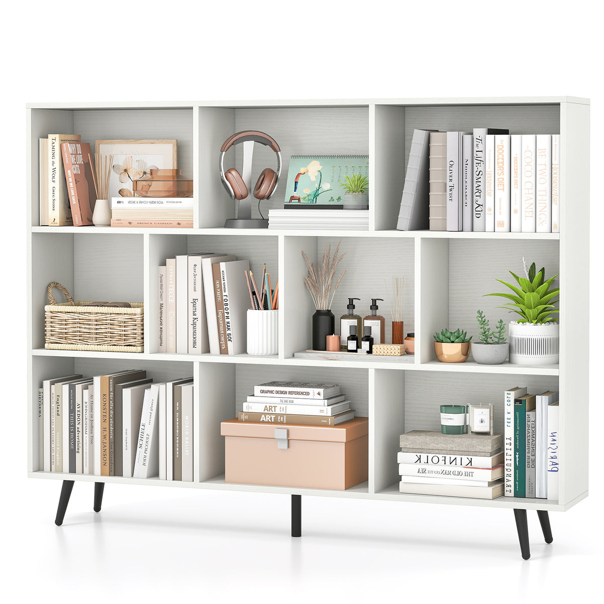 7-Cube Bookcase, Mid Century Modern Storage Organizer with 4 Tapered Metal Legs