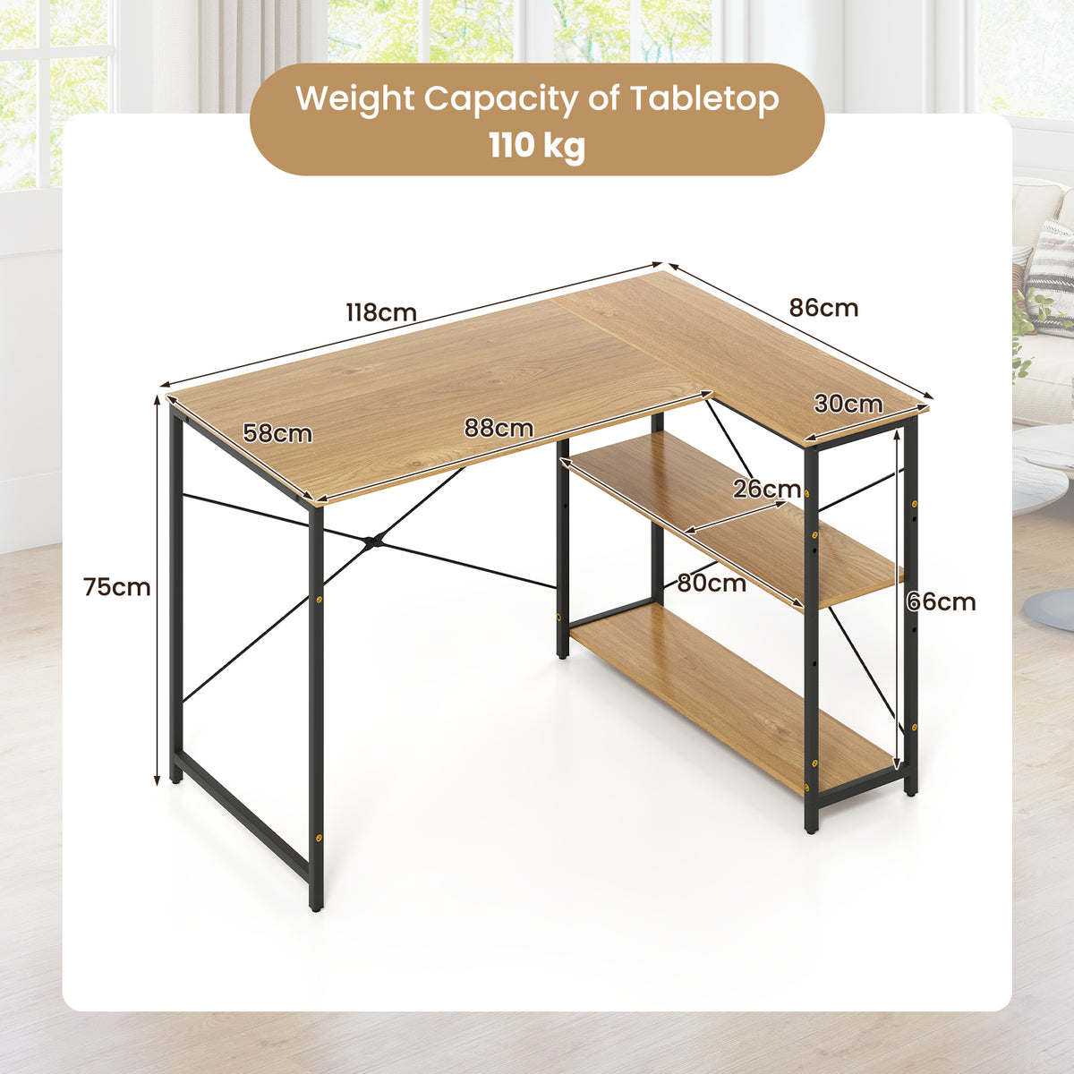 Giantex L-Shaped Desk 120 cm Writing Study Laptop Desk with Adjustable Storage Shelves