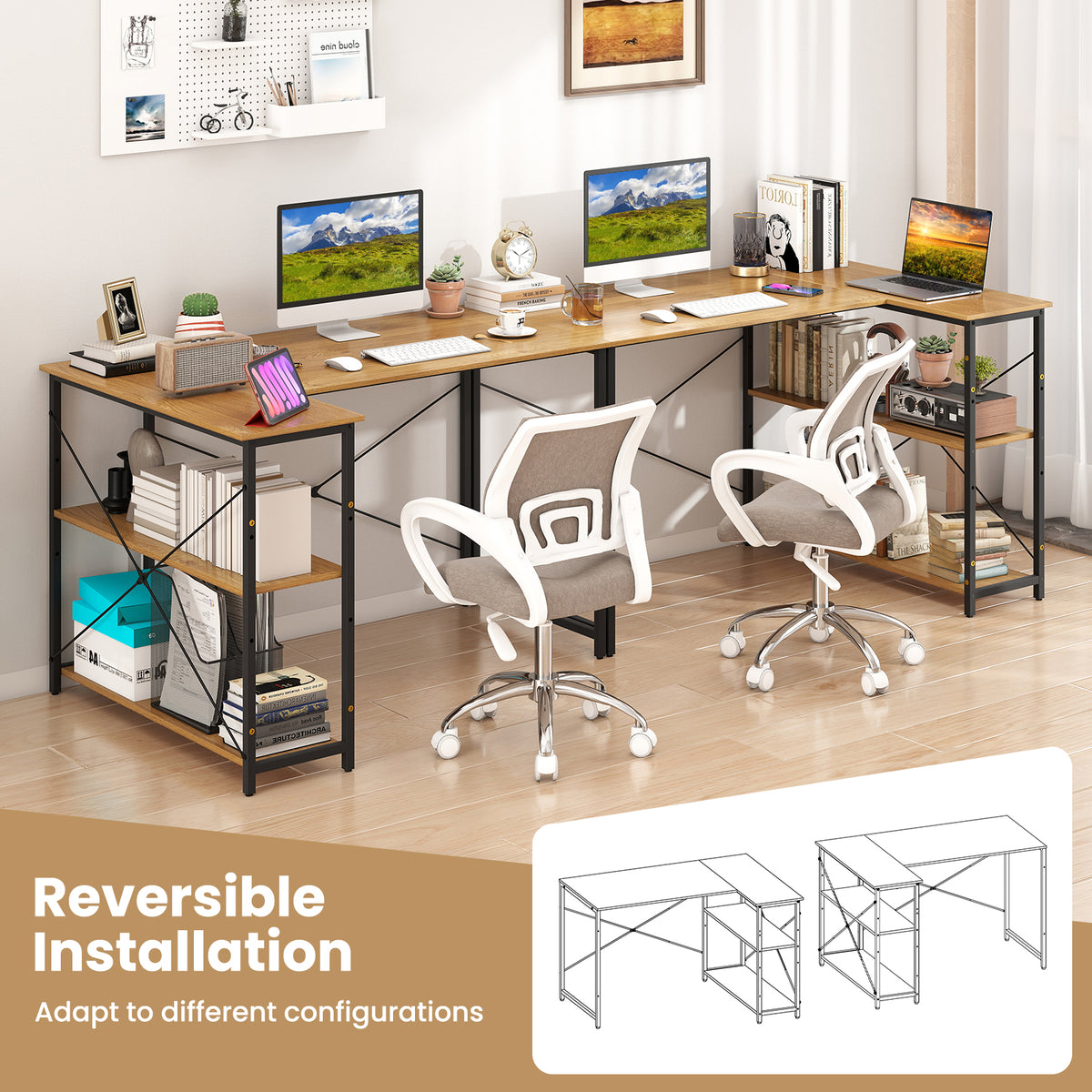 Giantex L-Shaped Desk 120 cm Writing Study Laptop Desk with Adjustable Storage Shelves