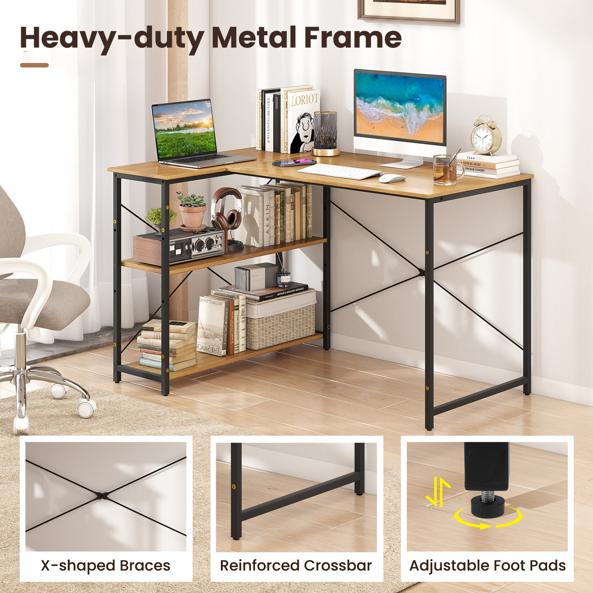 Giantex L-Shaped Desk 120 cm Writing Study Laptop Desk with Adjustable Storage Shelves