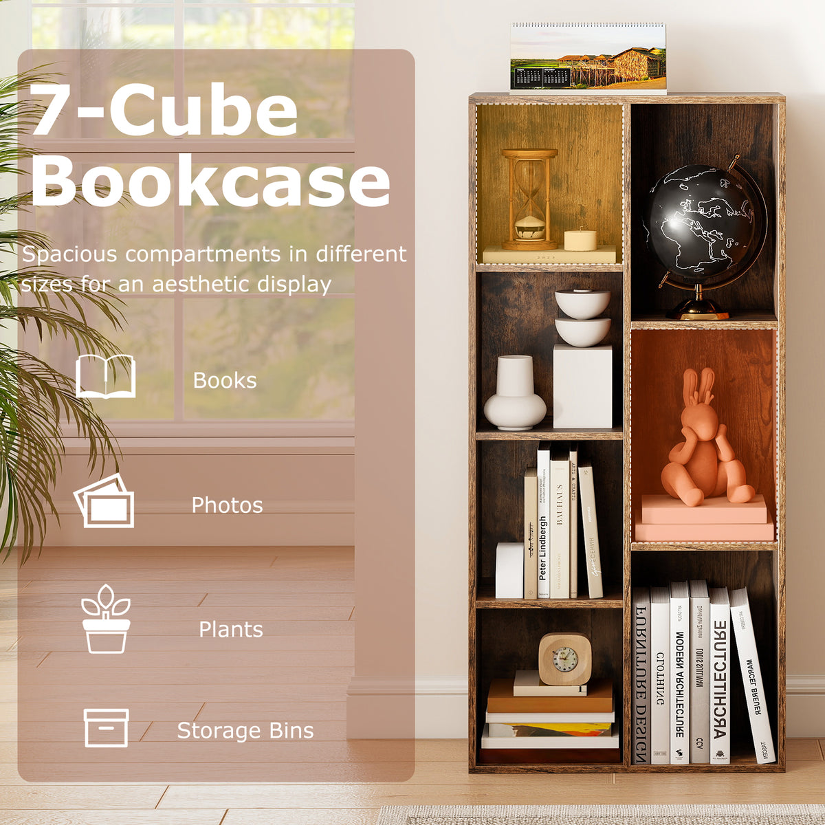 7-Cube Bookcase, Vertical or Horizontal Freestanding Bookshelf with 7 Compartments