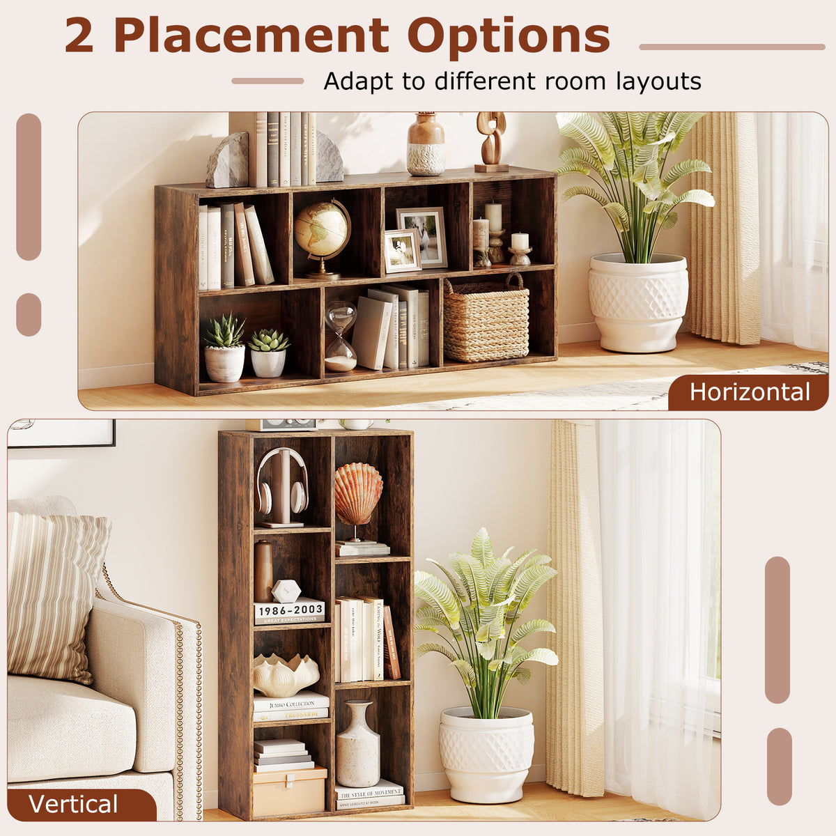 7-Cube Bookcase, Vertical or Horizontal Freestanding Bookshelf with 7 Compartments