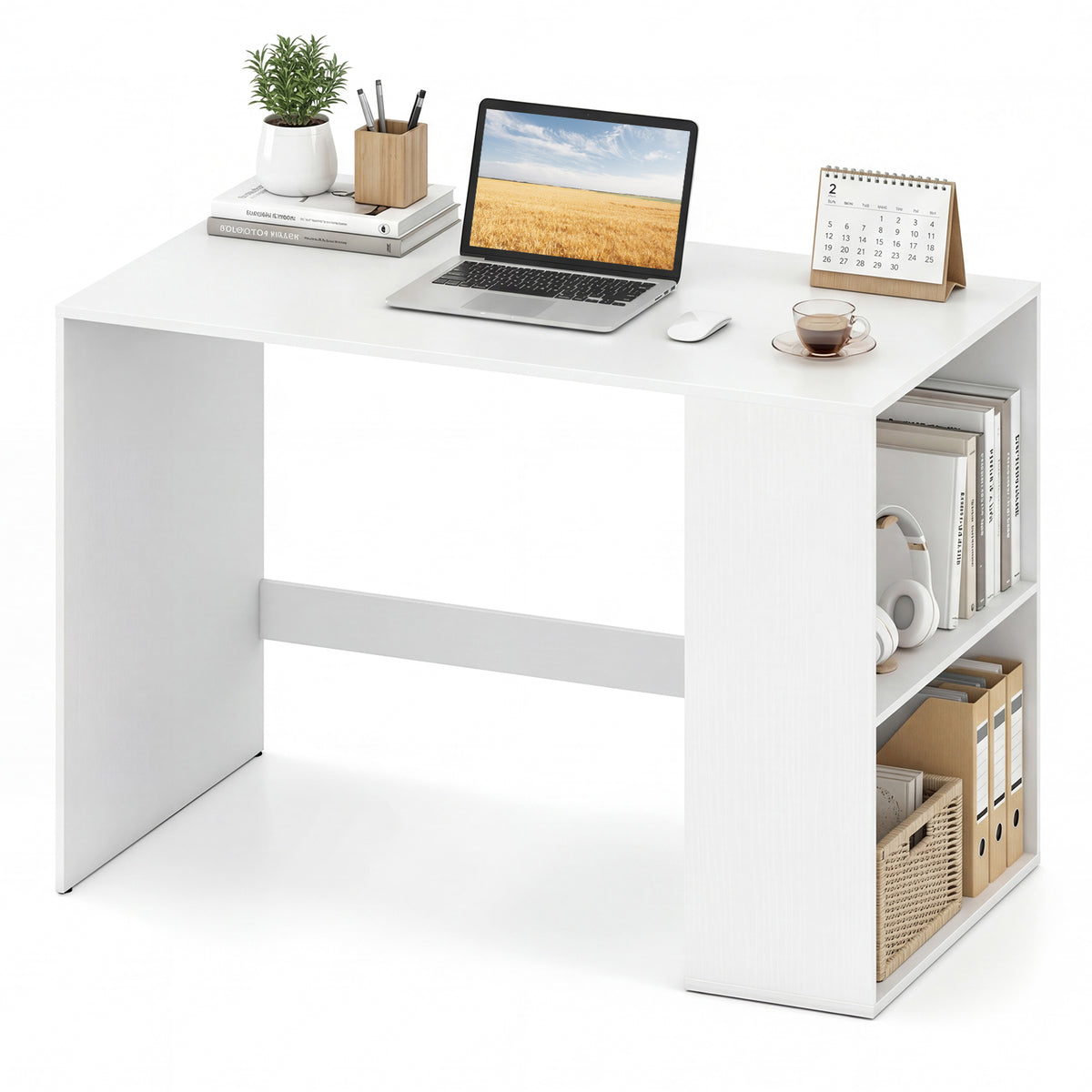 112cm Home Office Desk with 2-Tier Bookshelf for Bedroom and Living Room