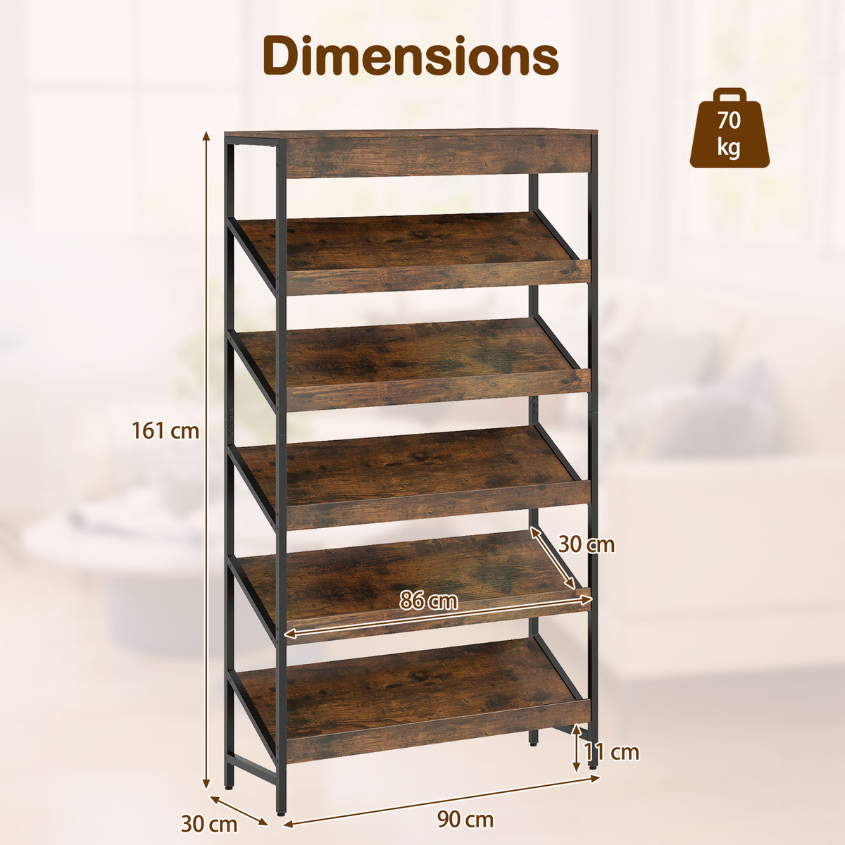 6 Tier Bookshelf, 161 cm Tall Freestanding Slant Display Shelf