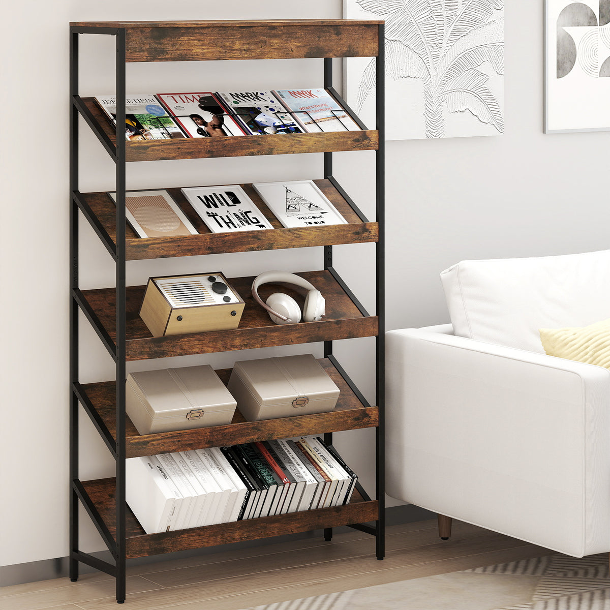 6 Tier Bookshelf, 161 cm Tall Freestanding Slant Display Shelf
