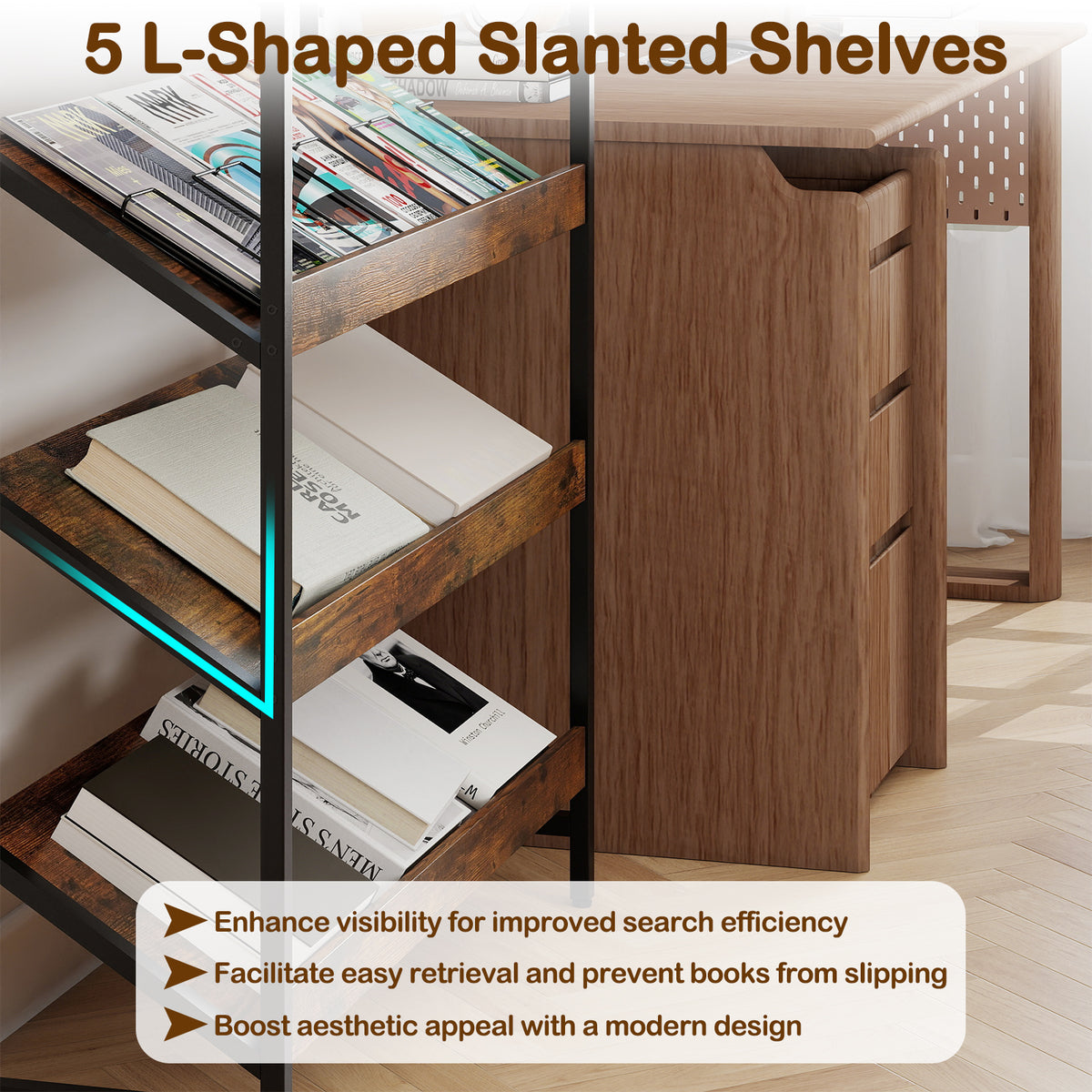 6 Tier Bookshelf, 161 cm Tall Freestanding Slant Display Shelf