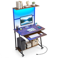 Rolling Computer Desk with Hutch, Industrial Office Desk with Charging Station & LED Lights, Small Laptop Workstation with Keyboard Tray