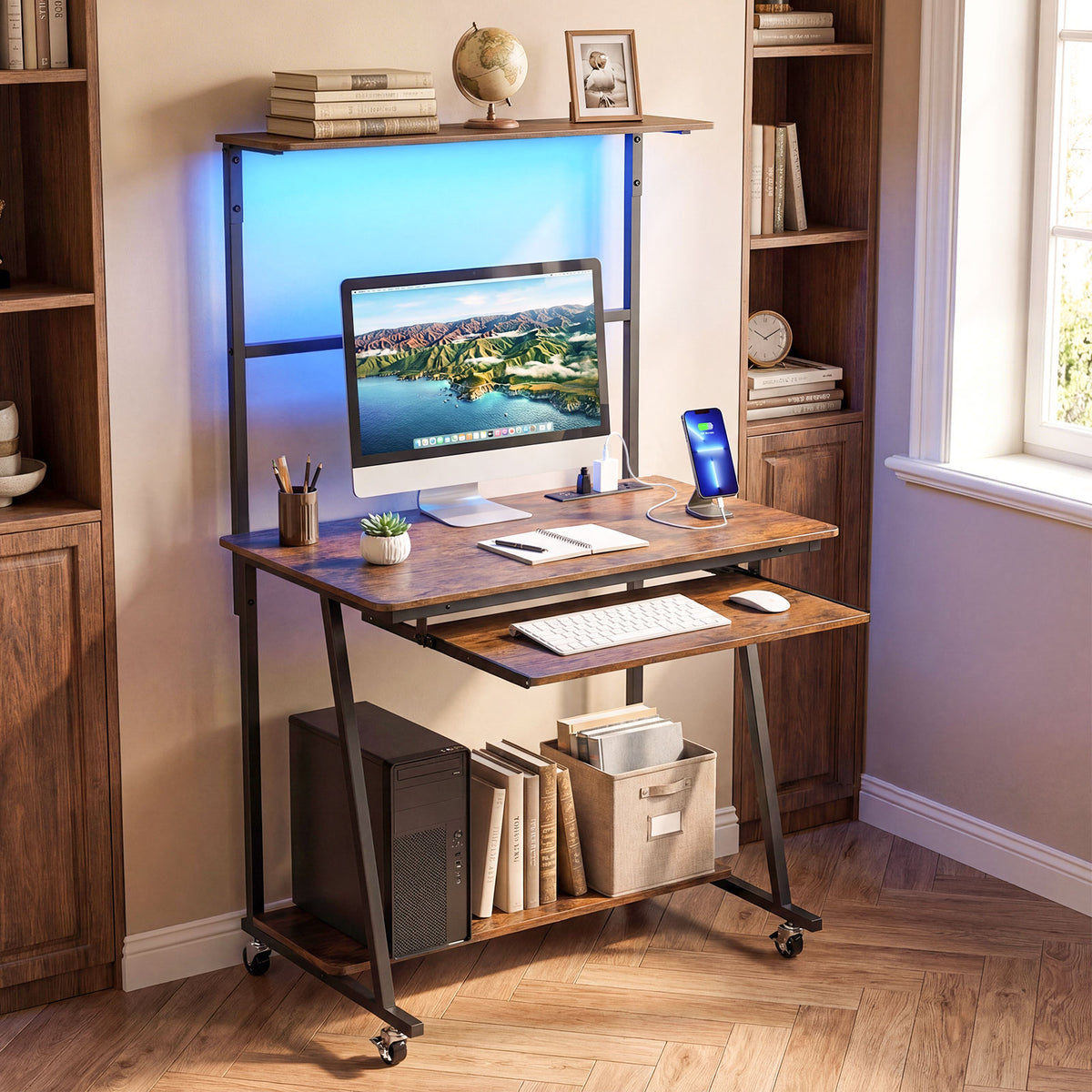 Rolling Computer Desk with Hutch, Industrial Office Desk with Charging Station & LED Lights, Small Laptop Workstation with Keyboard Tray