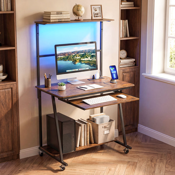 Rolling Computer Desk with Hutch, Industrial Office Desk with Charging Station & LED Lights, Small Laptop Workstation with Keyboard Tray