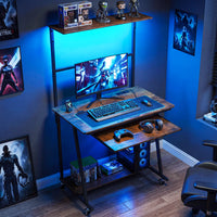 Rolling Computer Desk with Hutch, Industrial Office Desk with Charging Station & LED Lights, Small Laptop Workstation with Keyboard Tray