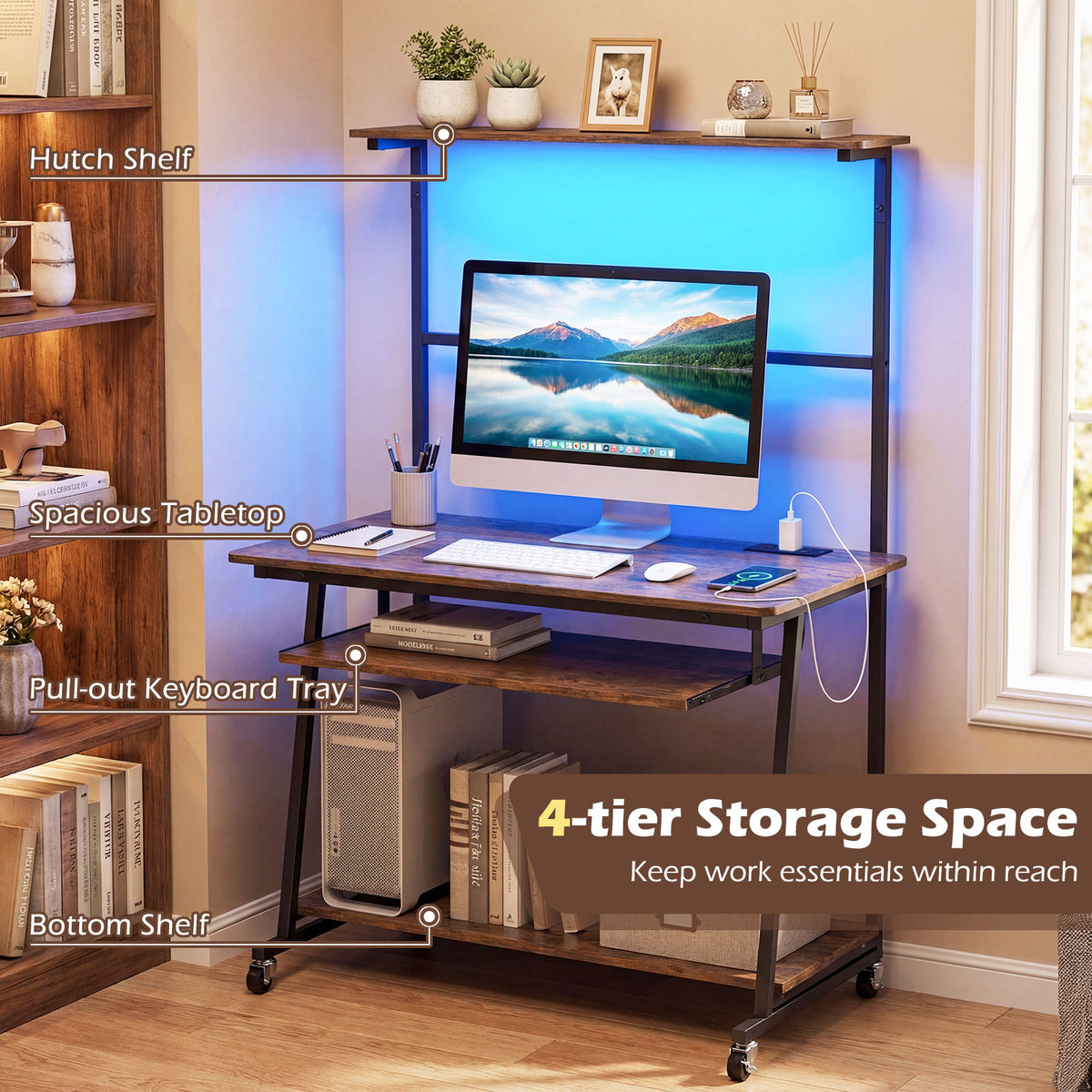Rolling Computer Desk with Hutch, Industrial Office Desk with Charging Station & LED Lights, Small Laptop Workstation with Keyboard Tray