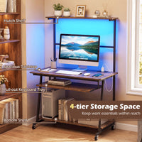 Rolling Computer Desk with Hutch, Industrial Office Desk with Charging Station & LED Lights, Small Laptop Workstation with Keyboard Tray