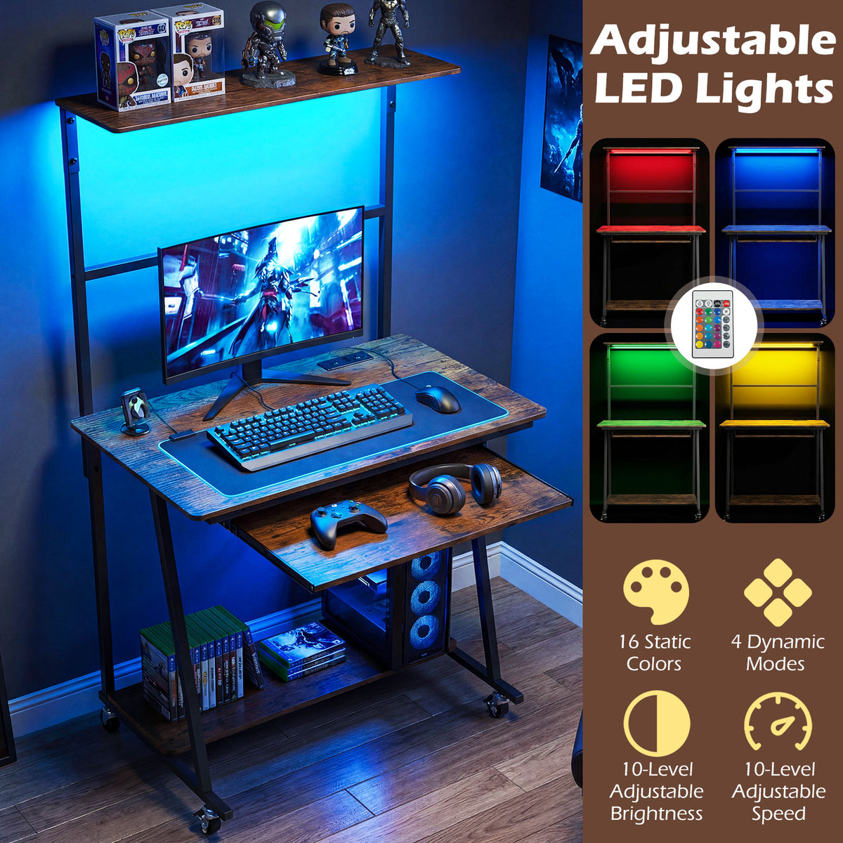 Rolling Computer Desk with Hutch, Industrial Office Desk with Charging Station & LED Lights, Small Laptop Workstation with Keyboard Tray