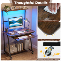 Rolling Computer Desk with Hutch, Industrial Office Desk with Charging Station & LED Lights, Small Laptop Workstation with Keyboard Tray