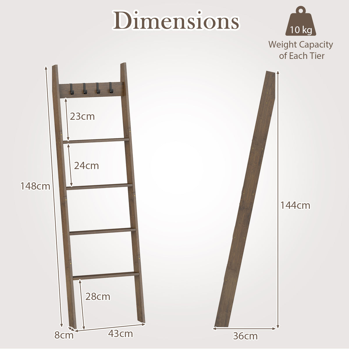 5-Tier Blanket Ladder, 148cm Bamboo Decorative Ladder Shelf