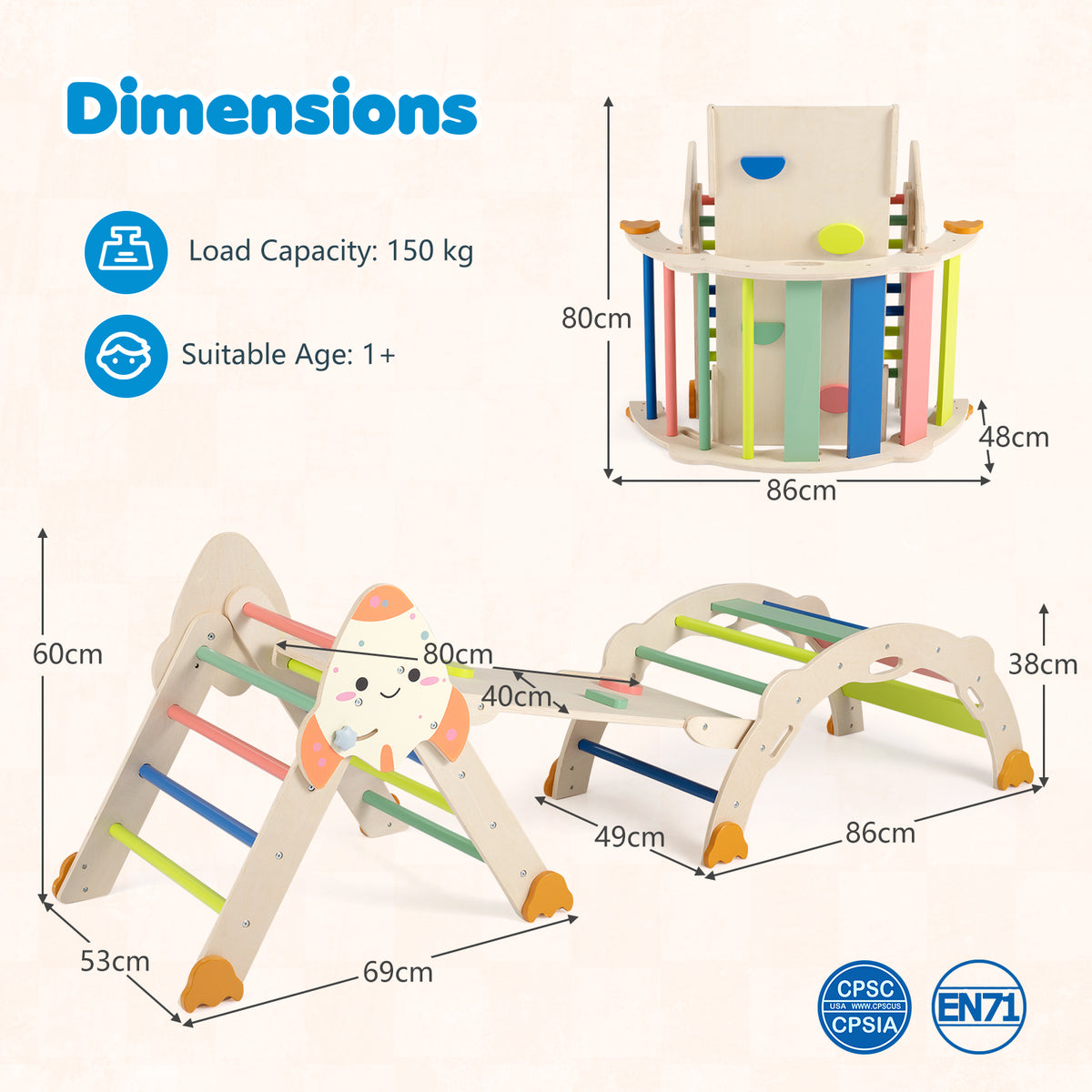 8-in-1 Climbing Toys for Toddlers, Rocket-Themed Foldable Montessori Wooden Arch Climber