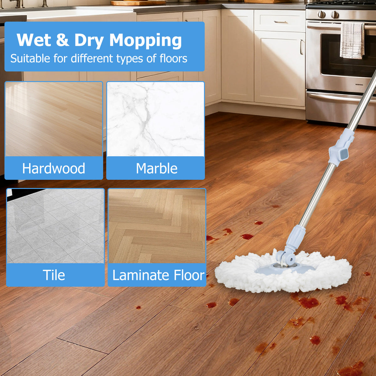 Flat Floor Mop and Bucket System with Mope Heads, Clean and Dirty Water Separation