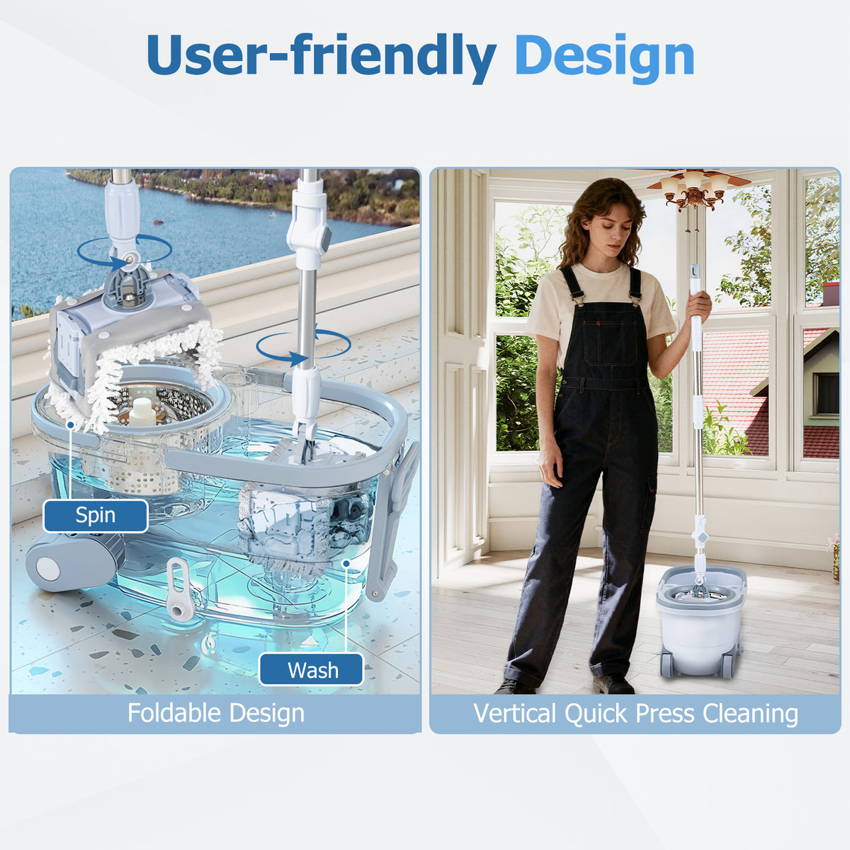 Flat Floor Mop and Bucket System with Mope Heads, Clean and Dirty Water Separation