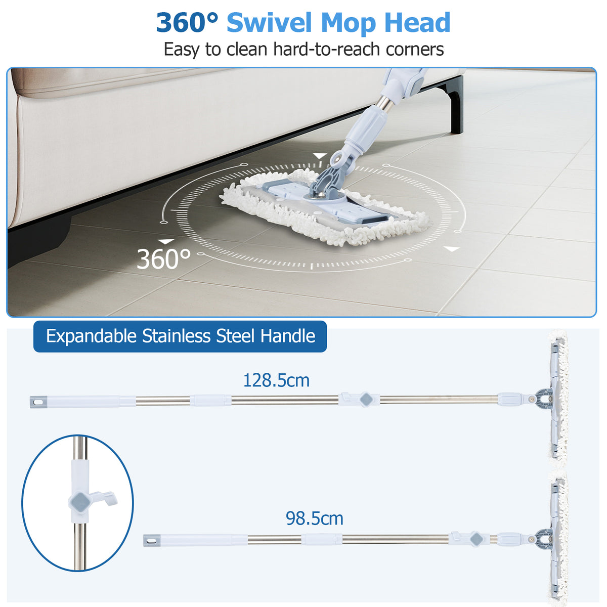 Flat Floor Mop and Bucket System with Mope Heads, Clean and Dirty Water Separation