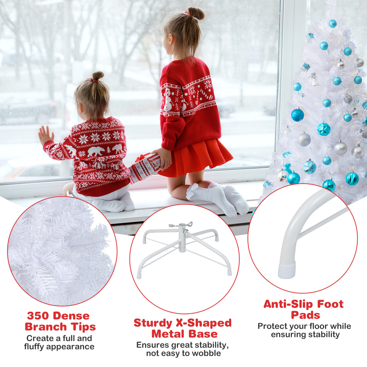 White Christmas Tree, Artificial Xmas Decoration Tree with 650 PVC Branch Tips & Metal Stand