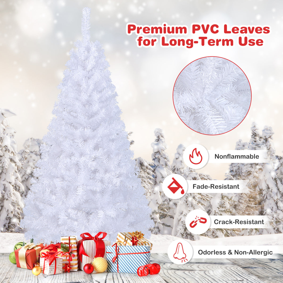 White Christmas Tree, Artificial Xmas Decoration Tree with 650 PVC Branch Tips & Metal Stand
