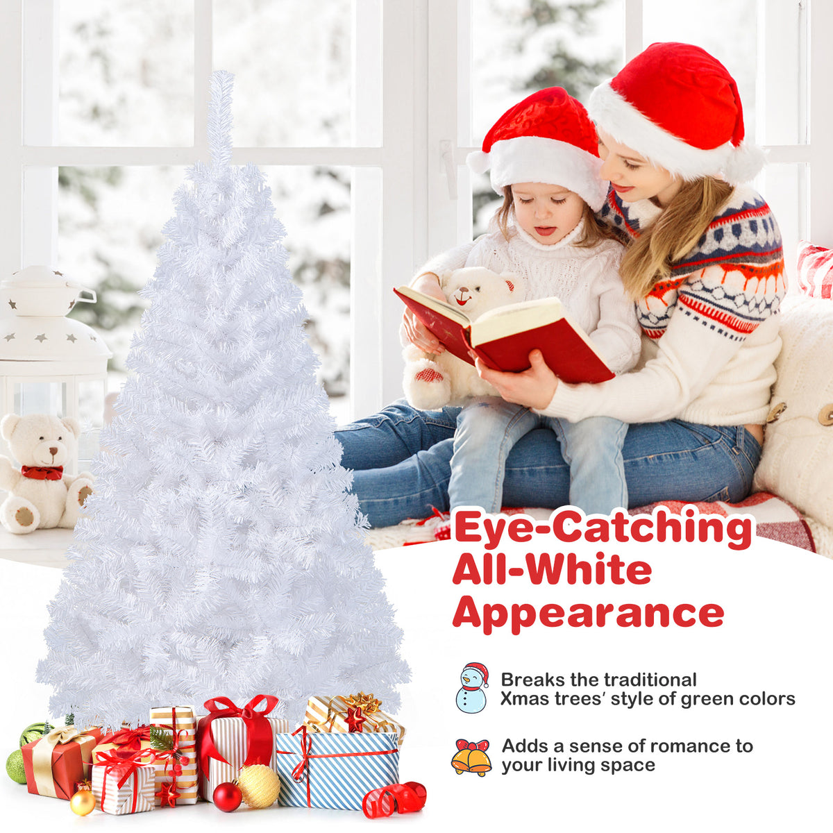 White Christmas Tree, Artificial Xmas Decoration Tree with 650 PVC Branch Tips & Metal Stand