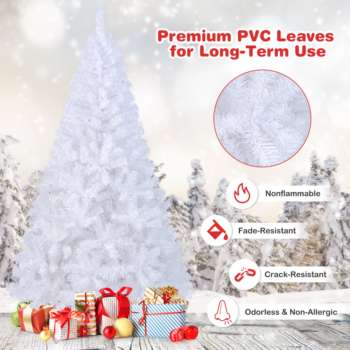 White Christmas Tree, Artificial Xmas Decoration Tree with 650 PVC Branch Tips & Metal Stand