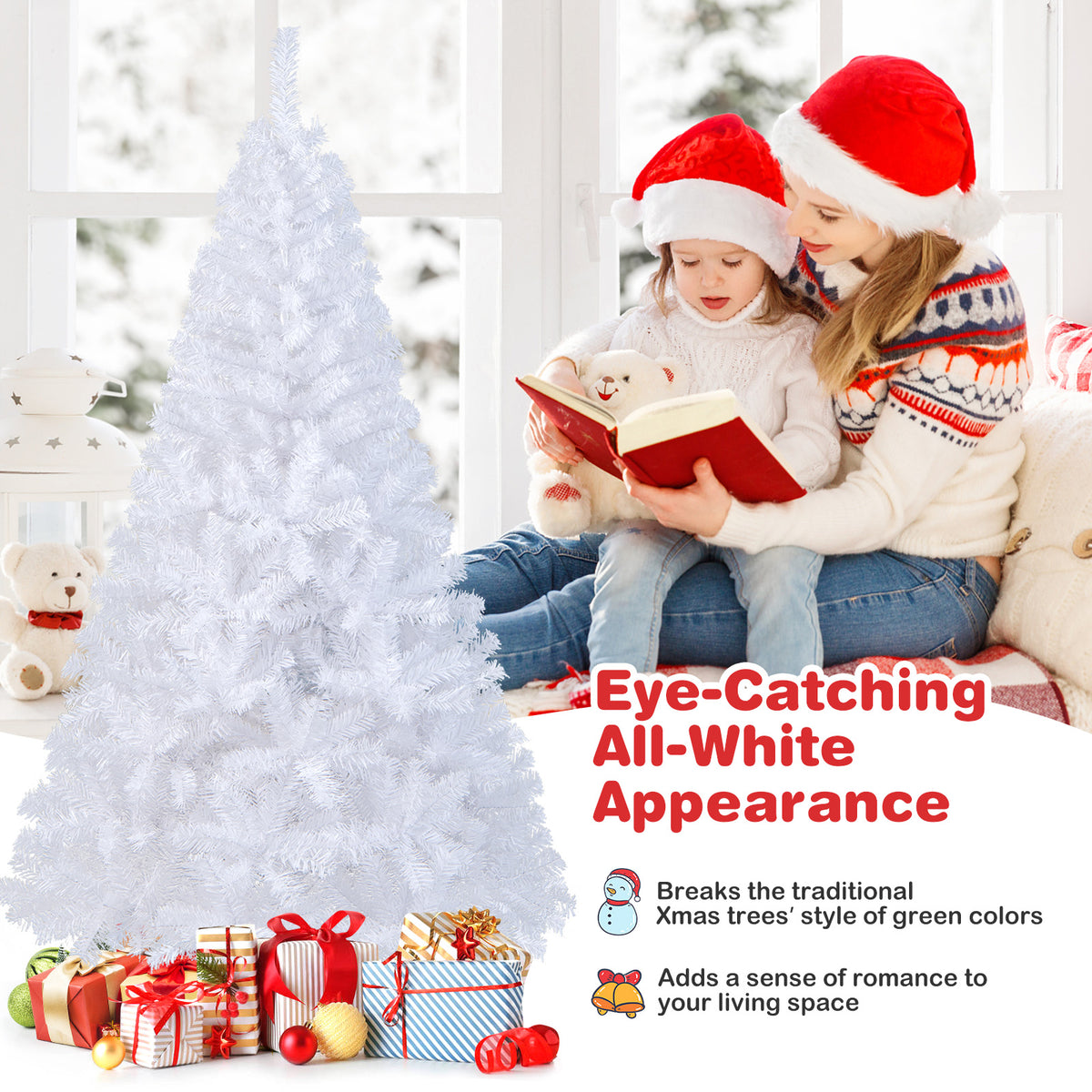 White Christmas Tree, Artificial Xmas Decoration Tree with 650 PVC Branch Tips & Metal Stand