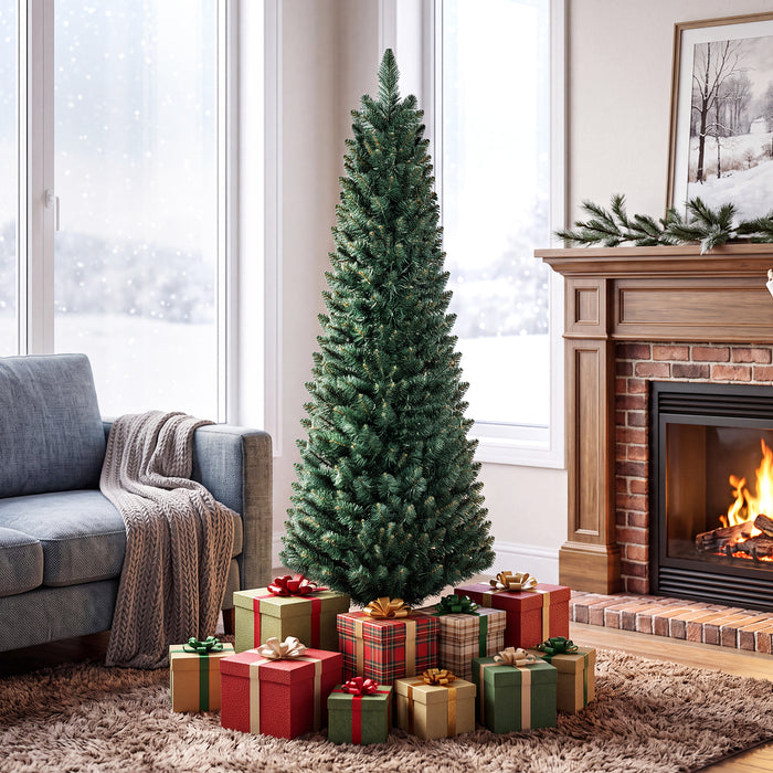 1.5/1.8/2.1/2.4/2.7 M Green Pencil Christmas Tree with 400 PVC Branch Tips and Foldable Sturdy Metal Stand