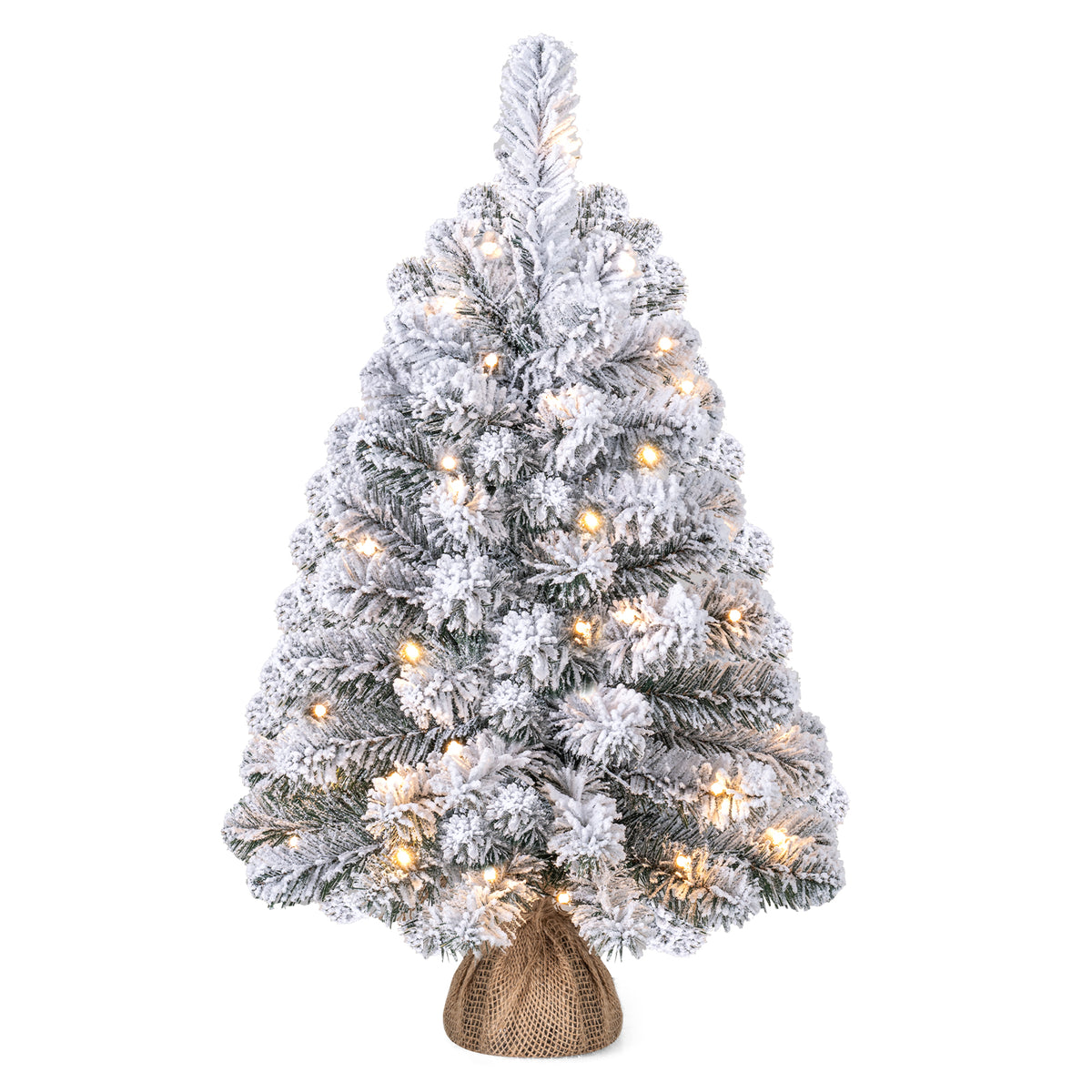 60cm Mini Snow-Flocked Christmas Tree, Pre-lit Tabletop Xmas Tree w/ 30 Warm White LED lights, Timer, Burlap Base, 65 PVC Branch Tips, Battery-Operated Desktop Decoration Tree for Holiday