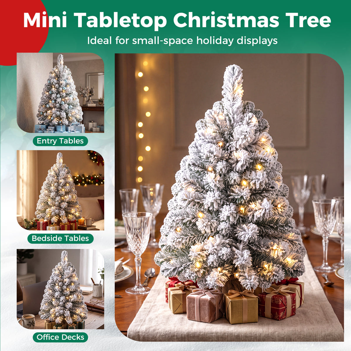 60cm Mini Snow-Flocked Christmas Tree, Pre-lit Tabletop Xmas Tree w/ 30 Warm White LED lights, Timer, Burlap Base, 65 PVC Branch Tips, Battery-Operated Desktop Decoration Tree for Holiday