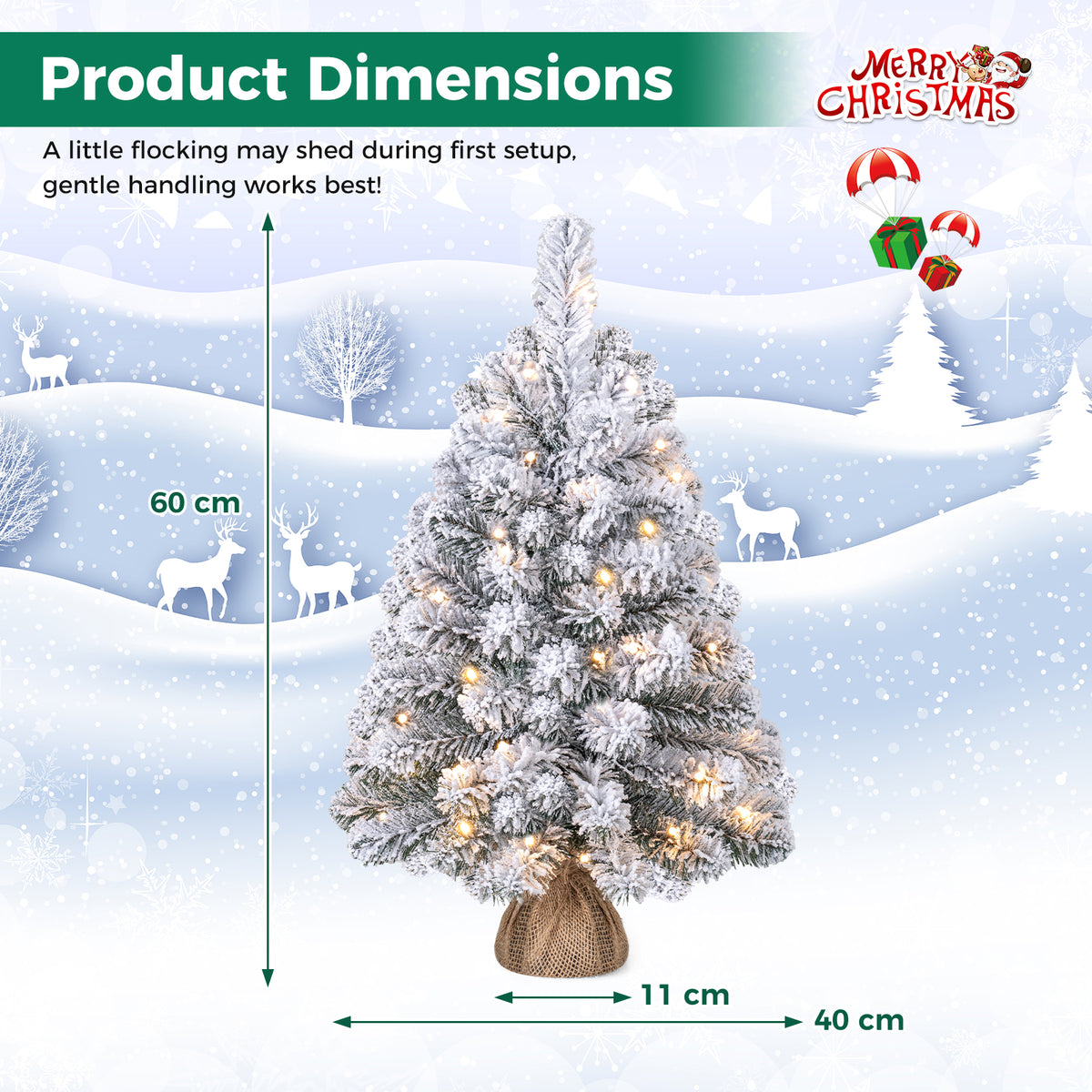 60cm Mini Snow-Flocked Christmas Tree, Pre-lit Tabletop Xmas Tree w/ 30 Warm White LED lights, Timer, Burlap Base, 65 PVC Branch Tips, Battery-Operated Desktop Decoration Tree for Holiday
