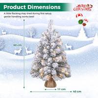 60cm Mini Snow-Flocked Christmas Tree, Pre-lit Tabletop Xmas Tree w/ 30 Warm White LED lights, Timer, Burlap Base, 65 PVC Branch Tips, Battery-Operated Desktop Decoration Tree for Holiday