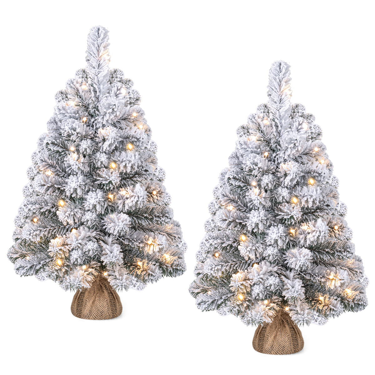 60cm Mini Snow-Flocked Christmas Tree, Pre-lit Tabletop Xmas Tree w/ 30 Warm White LED lights, Timer, Burlap Base, 65 PVC Branch Tips, Battery-Operated Desktop Decoration Tree for Holiday