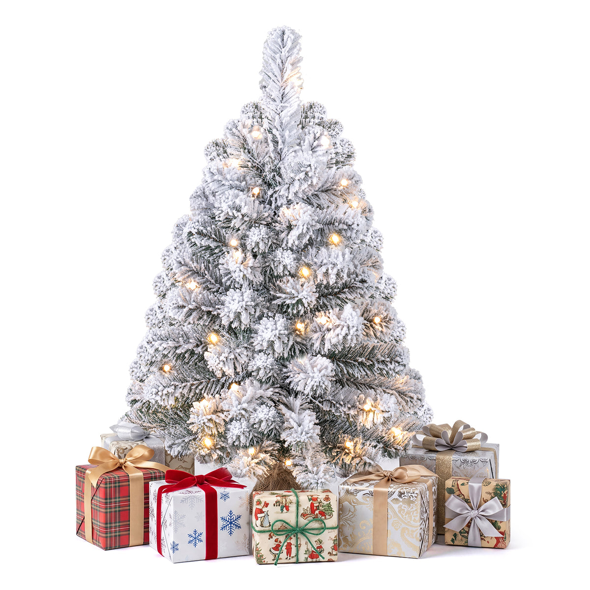 60cm Mini Snow-Flocked Christmas Tree, Pre-lit Tabletop Xmas Tree w/ 30 Warm White LED lights, Timer, Burlap Base, 65 PVC Branch Tips, Battery-Operated Desktop Decoration Tree for Holiday