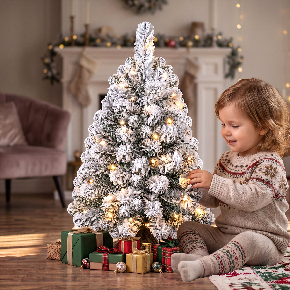 60cm Mini Snow-Flocked Christmas Tree, Pre-lit Tabletop Xmas Tree w/ 30 Warm White LED lights, Timer, Burlap Base, 65 PVC Branch Tips, Battery-Operated Desktop Decoration Tree for Holiday