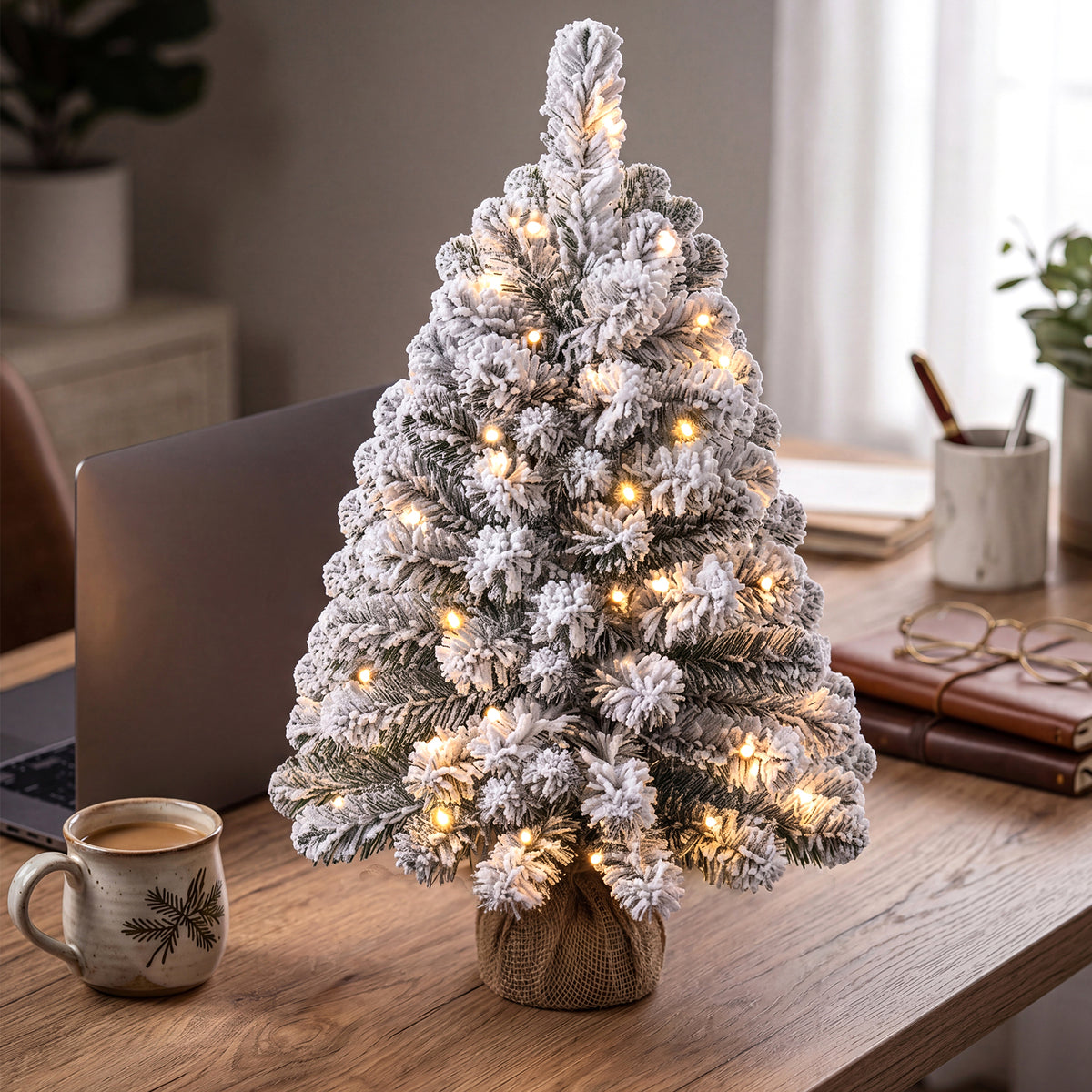 60cm Mini Snow-Flocked Christmas Tree, Pre-lit Tabletop Xmas Tree w/ 30 Warm White LED lights, Timer, Burlap Base, 65 PVC Branch Tips, Battery-Operated Desktop Decoration Tree for Holiday